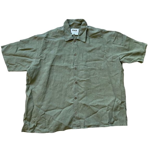 Flax 100% Linen Army Green Short Sleeved Button Shirt - Large - Picture 1 of 5